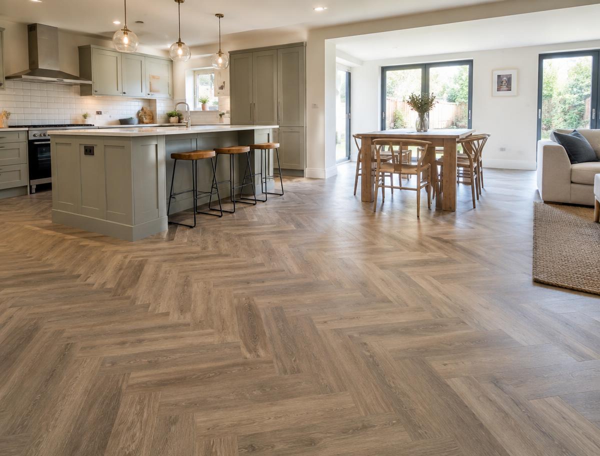 Herringbone luxury vinyl flooring in a bright contemporary room